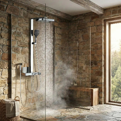 colonne-de-douche-argent-chromé-sur-mur-de-pierre