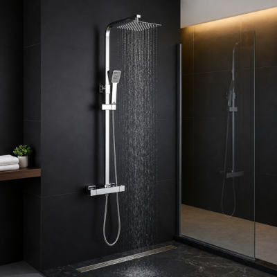 colonne de douche argent sur mur noir moderne