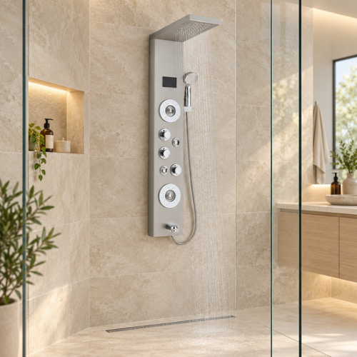 colonne-de-douche-grise-sur-mur-beige