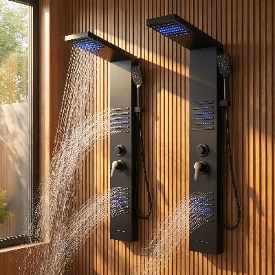 colonne-de-douche-led-noir-sur-un-mur-de-bois