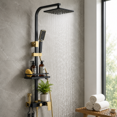 colonne de douche noir et doré sur mur gris