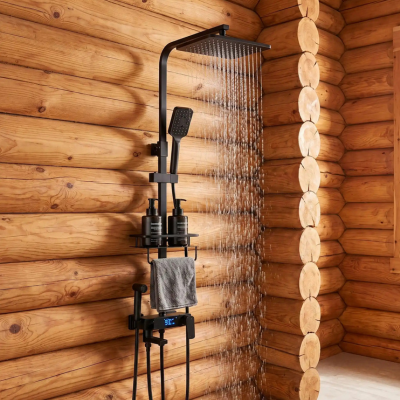 colonne-de-douche-noir-sur-mur-en-bois-rond