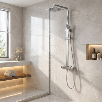 colonne de douche thermostatique sur mur de marbre