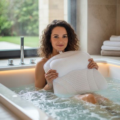 Coussin de baignoire au design anatomique épousant la nuque 