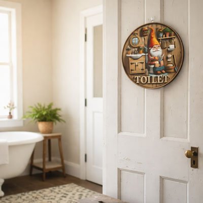 Décoration de porte toilettes ronde avec figurine de gnome