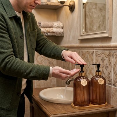 Distributeur à savon​ liquide avec petit plateau en bambou