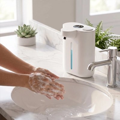 Distributeur automatique de savon sans contact blanc près d’un lavabo