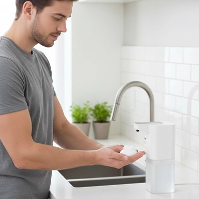 Distributeur de savon automatique​ esthétique épurée en blanc