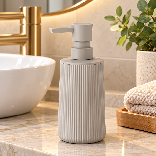 Distributeur de savon beige à pompe sur un plan de vasque