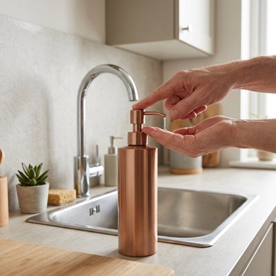 Distributeur de savon​ liquide à finition cuivre brossé esthétique 