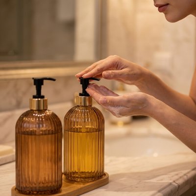 Distributeur de savon​ liquide en verre teinté marron élégant