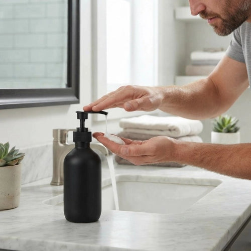 ​Distributeur de savon liquide noir près d’un lavabo blanc