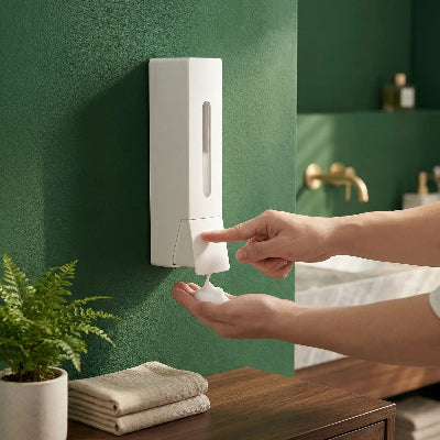 distributeur-de-savon-mural-blanc-sur-un-mur-vert