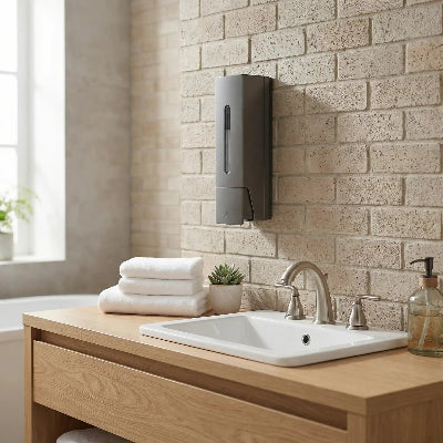 distributeur-de-savon-mural-gris-sur-un-mur-de-brique