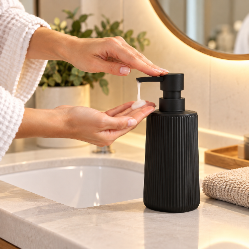 Distributeur de savon noir à pompe dans une salle de bain