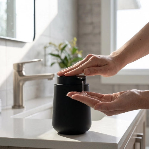 Distributeur de savon noir utilisé près d’un lavabo moderne