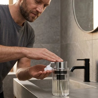 Distributeur de savon rechargeable en plastique avec finition chromée