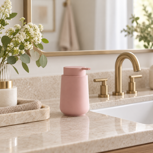 Distributeur de savon rose poudré près d’un robinet de lavabo