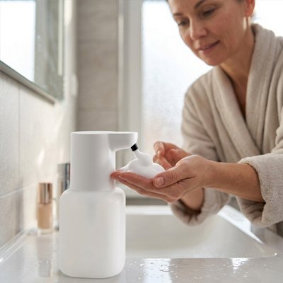 Distributeur savon blanc déposer sur le rebord du lavabo