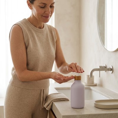 Distributeur savon blanc s'intègrant harmonieusement dans la salle de bain 