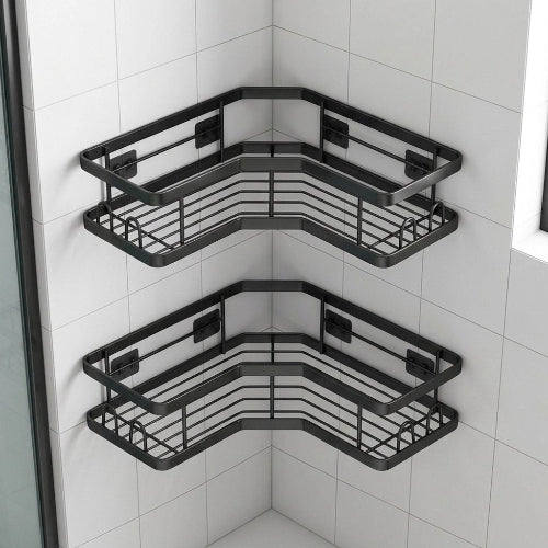 Double étagère de douche d’angle noire sans percage
