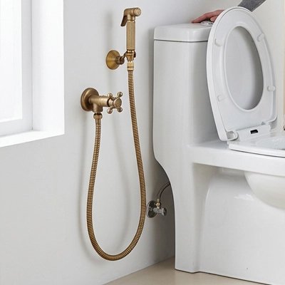 Douchette WC murale bronze avec flexible installée près des toilettes