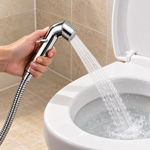 Douchette WC chromée utilisée pour rincer l’intérieur de la cuvette