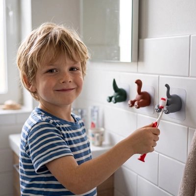 Enfant tenant sa brosse près du support mural décoratif