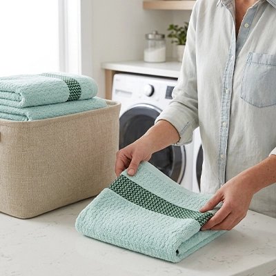Essuie-mains en microfibre plié avec soin sur un comptoir 
