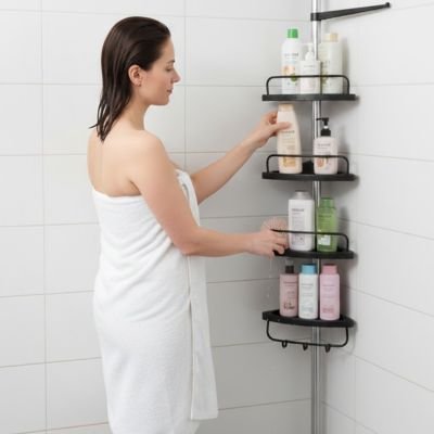 Étagère de douche télescopique installation dans un coin de douche 