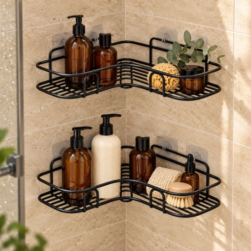 Etagere douche qui s'adapte parfaitement aux coins pour maximiser l'espace 