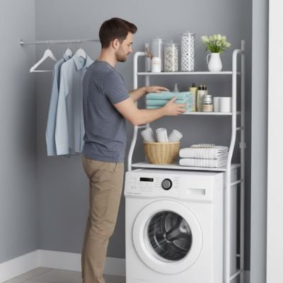 étagère lave-linge avec deux niveaux de rangement supérieurs