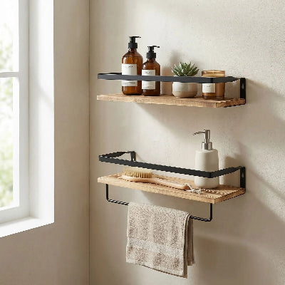 etagere mural pour salle de bain sur mur beige