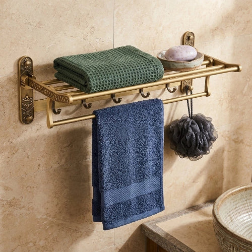 Étagère porte-serviette en laiton bronze avec serviettes vertes et bleues