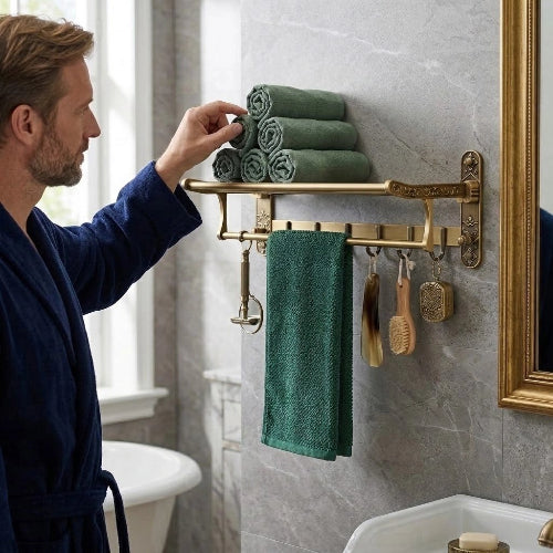 Étagère porte-serviette murale en laiton bronze brossé avec crochets