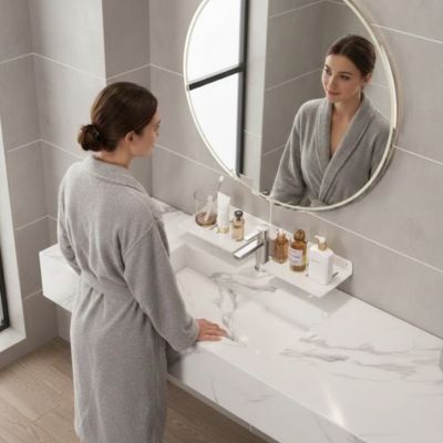 Étagère salle de bain a fixation discrète qui maximise l'utilisation