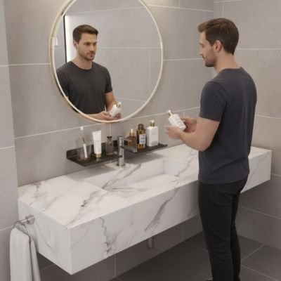 Étagère salle de bain qui accueille flacons et produits de beauté