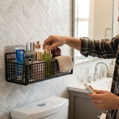 Étagère salle de bain solution suspendue libérant le comptoir