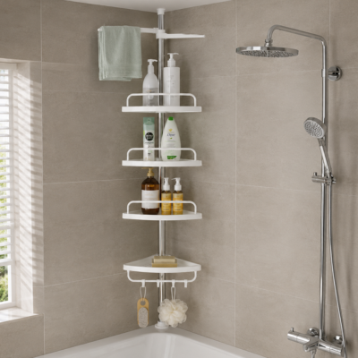 étagère télescopique douche blanc avec quatre tablettes et support