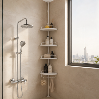 étagère télescopique douche dans une douche beige