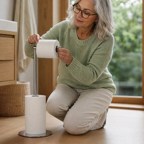 Femme agenouillée installant un rouleau sur un porte-papier toilette