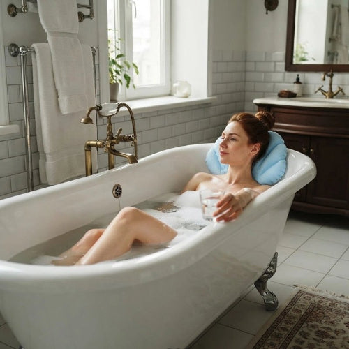 Femme allongée dans une baignoire avec un coussin bleu