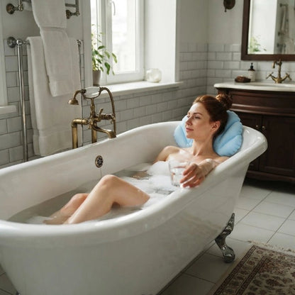 Femme allongée dans une baignoire avec un coussin bleu