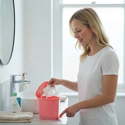 Femme déposant un déchet dans une mini poubelle rose