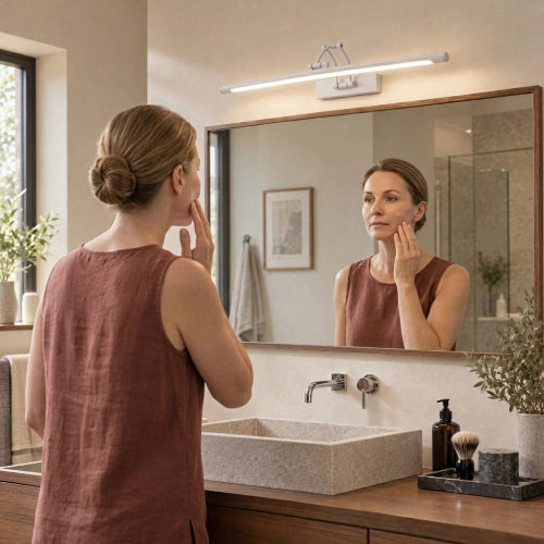 Femme devant un lavabo avec une applique murale LED