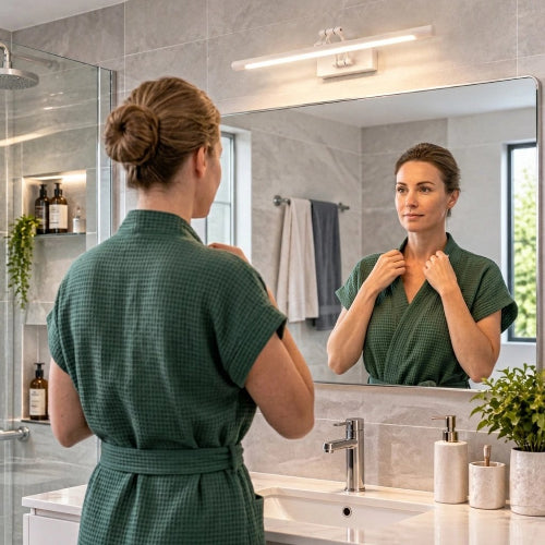 Femme effectuant ses soins du visage éclairé par une applique LED