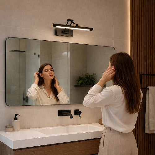 Femme en peignoir devant un lavabo avec une applique murale