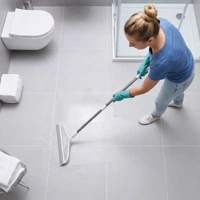 Femme évacuant l’eau du carrelage avec une raclette de sol