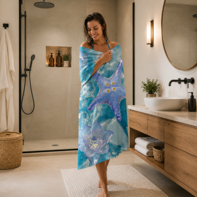 Femme portant une grande serviette de bain motif océan 