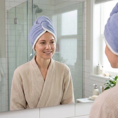Femme portant une serviette cheveux turban douce et absorbante